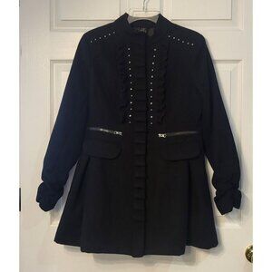 Speak 2 Me Black Coat SZ M Ruffles Stud Zippers Pockets Military Steampunk Goth